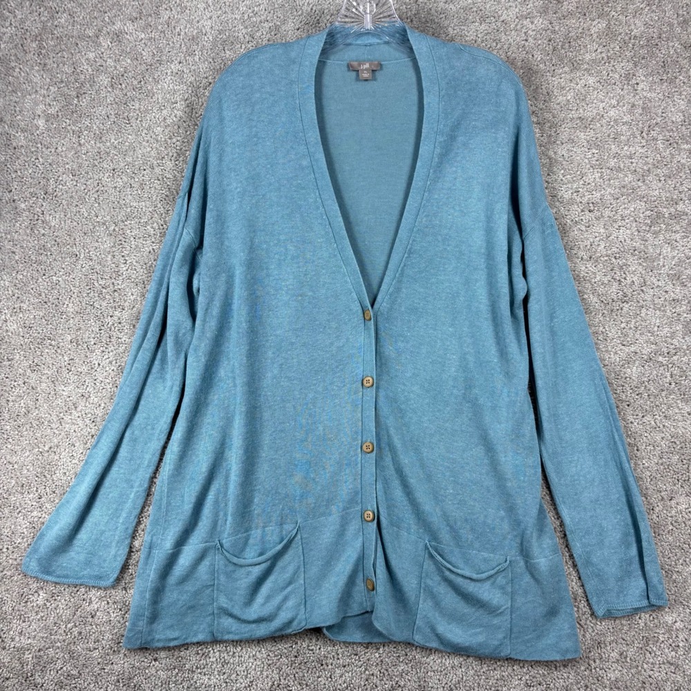 J. Jill Womens XL Teal Blue Linen Blend Button Front Longline Cardigan Sweater